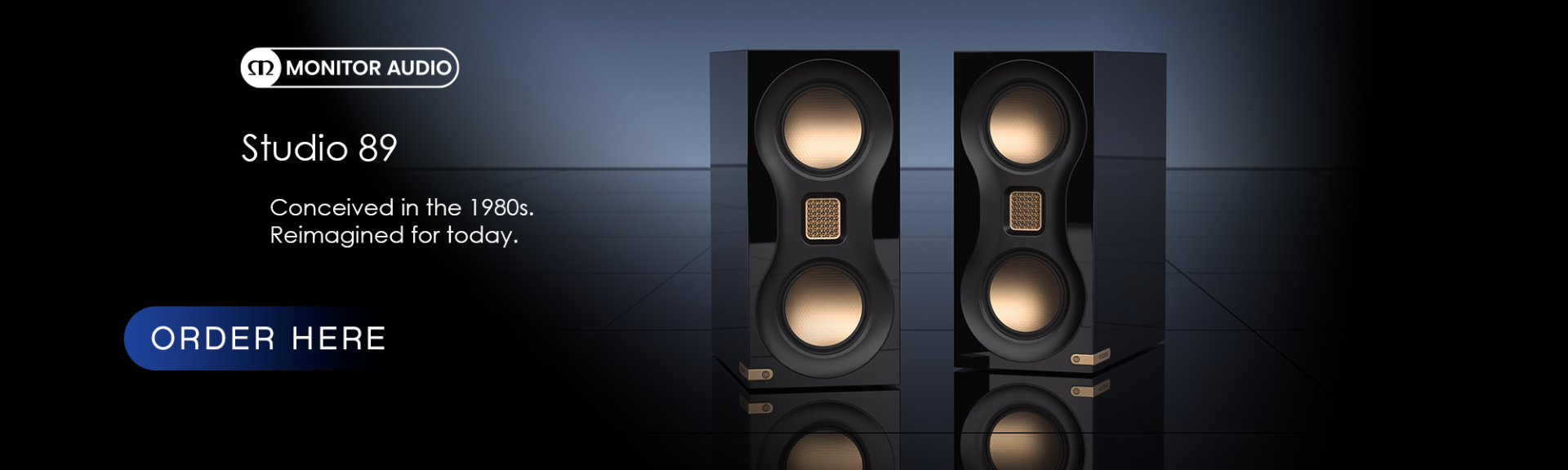 Studio 89 speakers in High Gloss Black with Gold Drivers